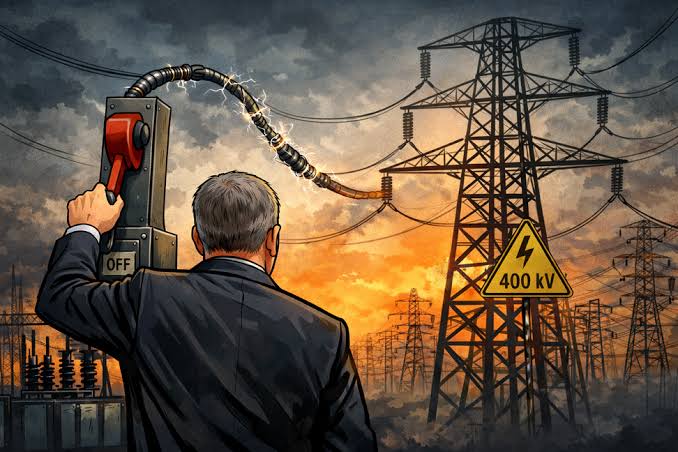 Muž drží vypínač od elektrického kábla, ktorý vedie k elektrickému stĺpu